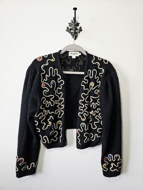 Vintage Magnolia Angora Wool Embellished Cardigan Size M Black Sweater Jewelled